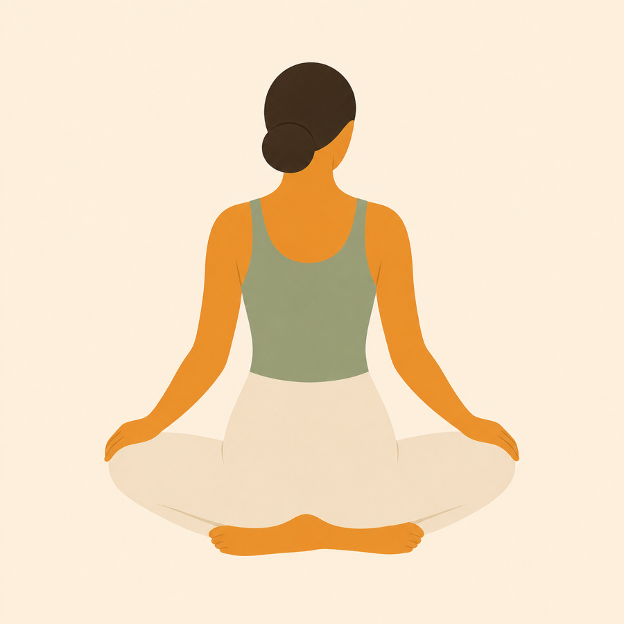 Flat illustration of a woman sitting cross-legged, settled and still, seen from behind