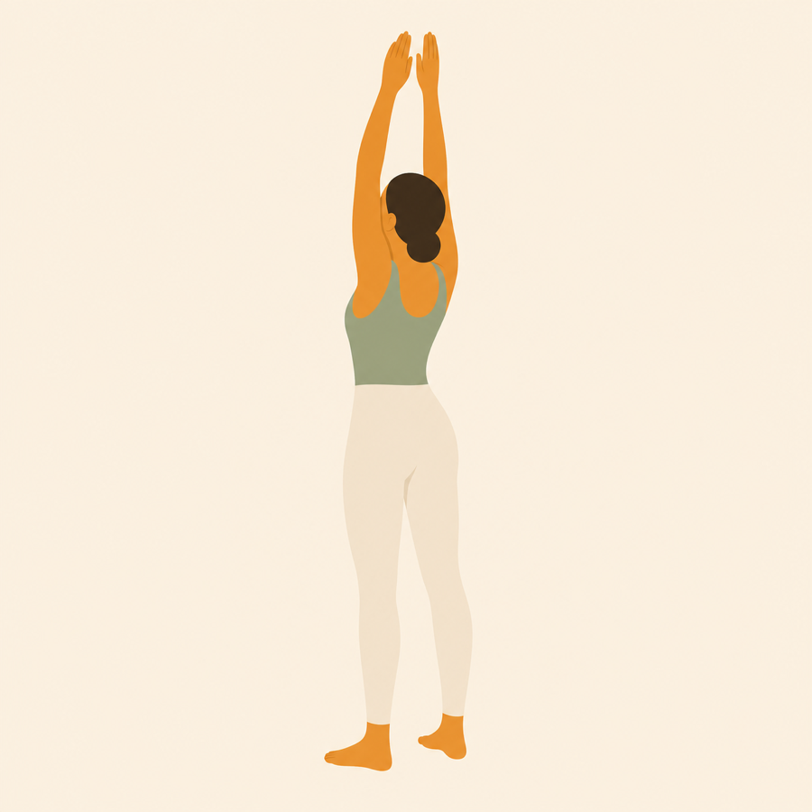 Flat illustration of a woman standing in a full overhead stretch, seen from behind