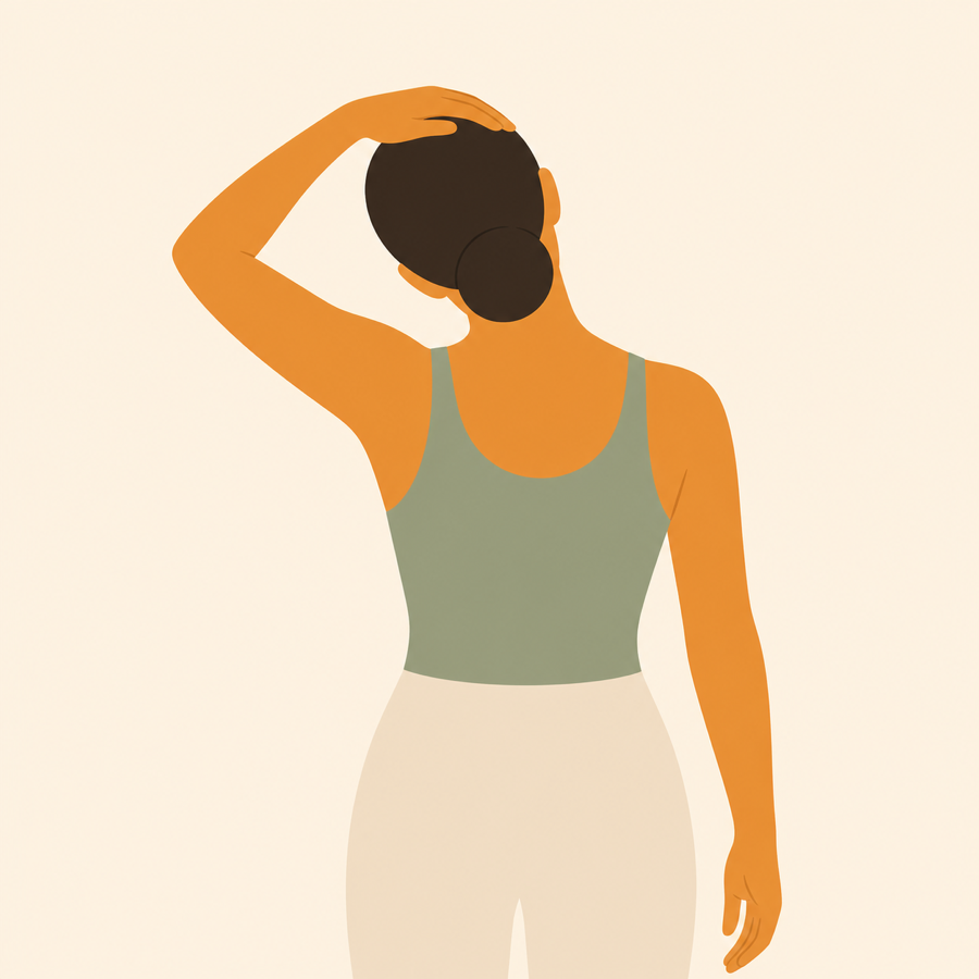 Flat illustration of a woman easing her neck to one side, hand resting on her head, seen from behind