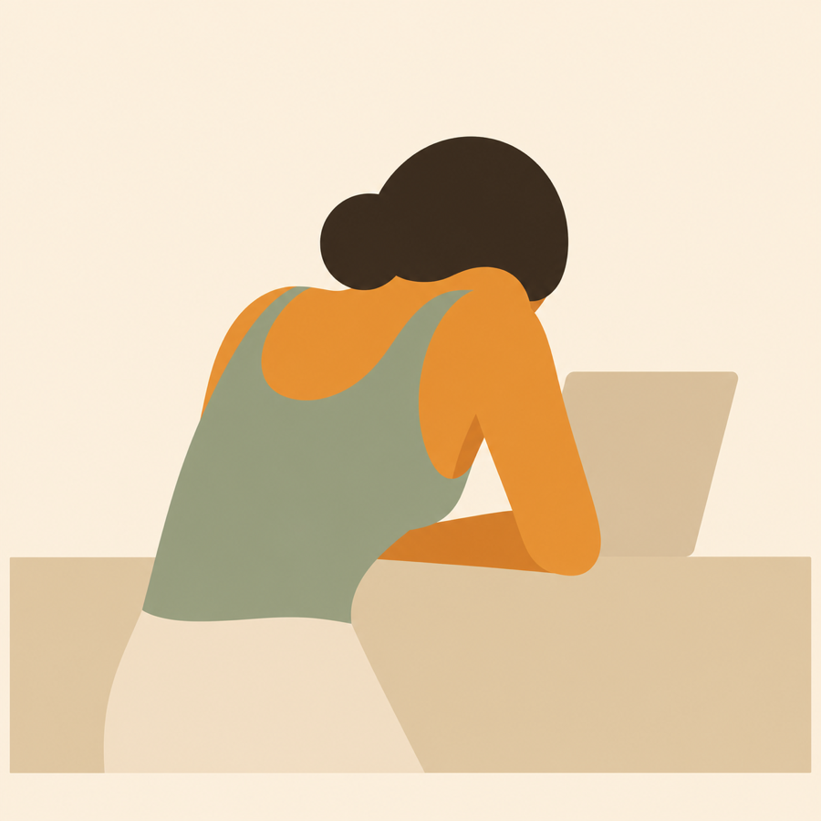 Flat illustration of a woman hunched over a laptop at a desk, shoulders raised, seen from behind
